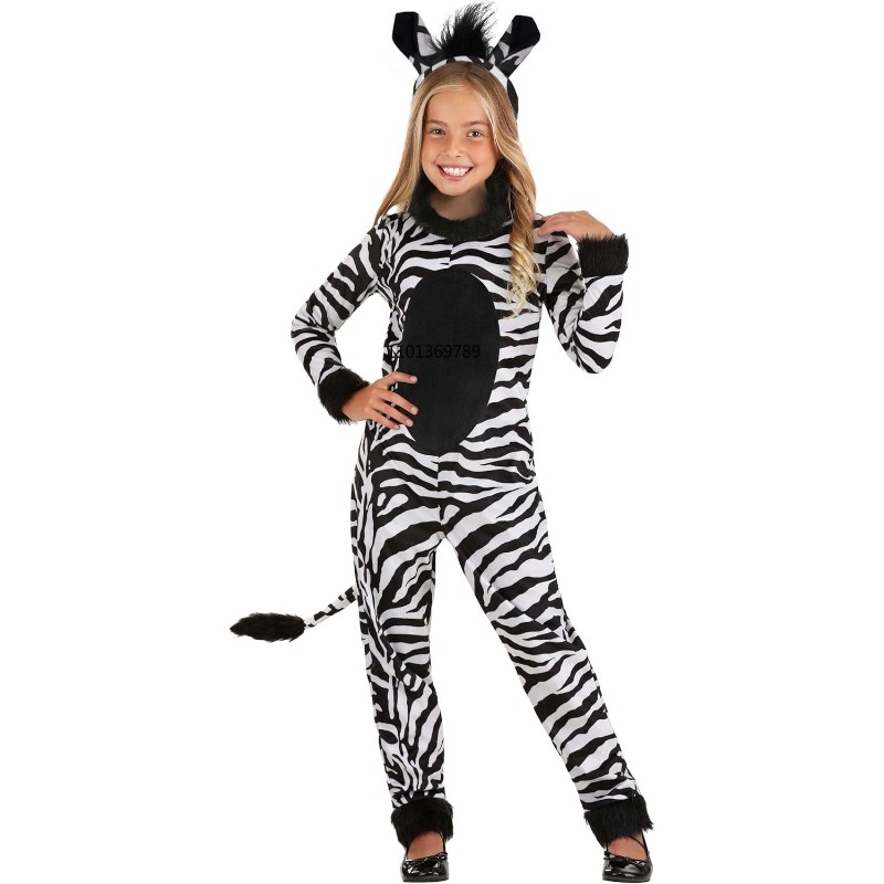 Zoo Party Games - Meisjes Zebra-kostuum met hoofdband - Zebra-jumpsuit
